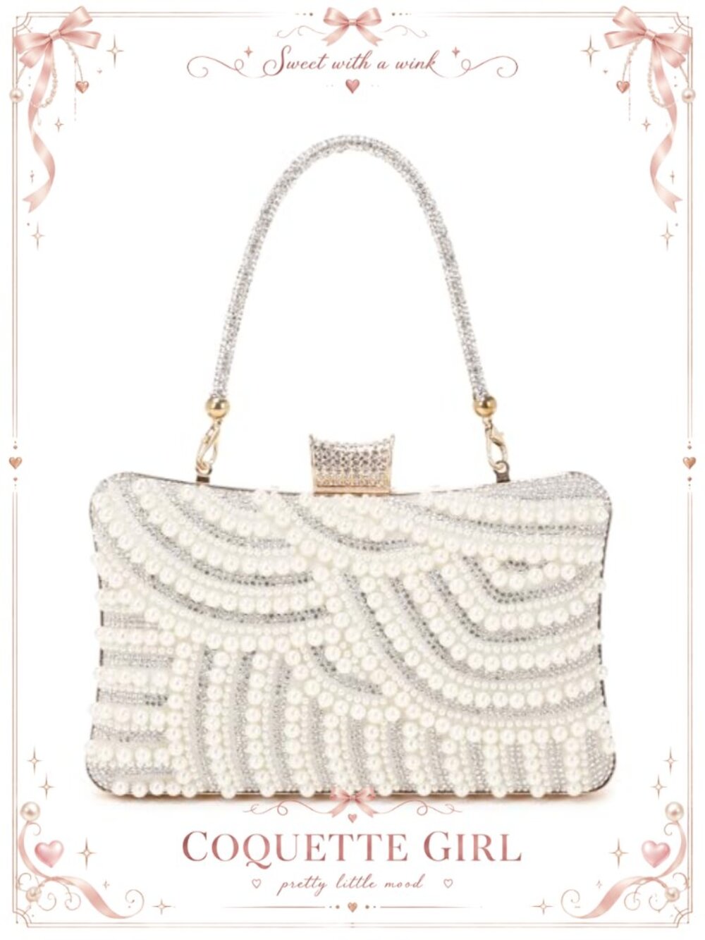 Pearl Beaded Evening Clutch Purse Bridal Wedding Bag with Chain Strap